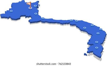 3d isometric view map of Vietnam with blue surface and cities. Isolated, white background. Vector illustration
