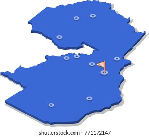 3d isometric view map of Zambia with blue surface and cities. Isolated, white background