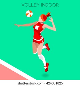 3D Isometric Volleyball Sport female Player Sportswoman Icon Set. 3D Isometric Indoor Volleyball Team. Player Volley Match Competition. Sport Infographic event Volley Vector Active People Collection