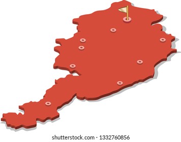 3d isometric volume view map of Austria with red surface and cities, capital. Isolated, white background