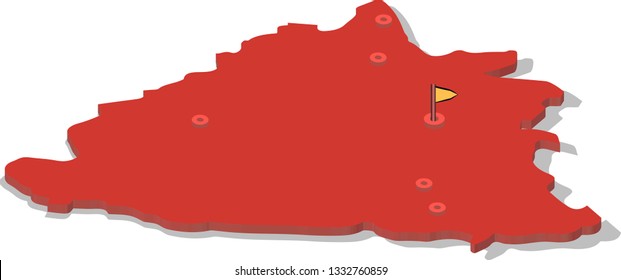 3d isometric volume view map of Bosnia and Herzegovina with red surface and cities, capital. Isolated, white background