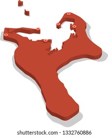 3d isometric volume view map of Vanuatu with red surface and cities, capital. Isolated, white background