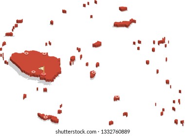 3d isometric volume view map of Fiji with red surface and cities, capital. Isolated, white background