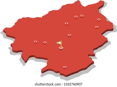 3d isometric volume view map of Andorra with red surface and cities, capital. Isolated, white background