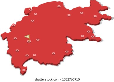 3d isometric volume view map of Switzerland with red surface and cities, capital. Isolated, white background