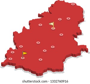 3d isometric volume view map of Serbia with red surface and cities, capital. Isolated, white background