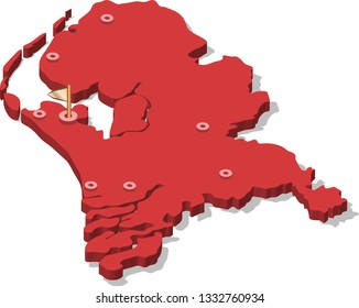 3d isometric volume view map of Netherland with red surface and cities, capital. Isolated, white background