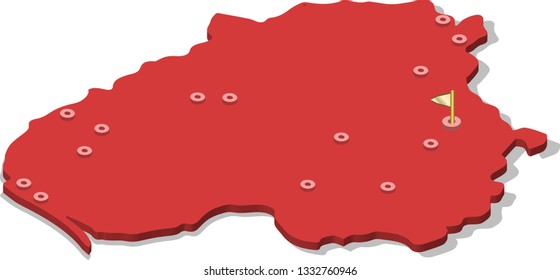 3d isometric volume view map of Lithuania with red surface and cities, capital. Isolated, white background