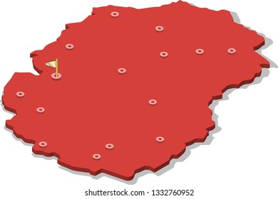 3d isometric volume view map of Macedona with red surface and cities, capital. Isolated, white background