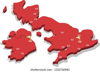 3d isometric volume view map of Great Britain with red surface and cities, capital. Isolated, white background