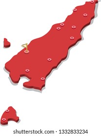 3d isometric volume view map of East Timor with red surface and cities, capital. Isolated, white background