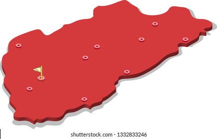 3d isometric volume view map of Butan with red surface and cities, capital. Isolated, white background