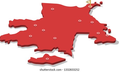 3d isometric volume view map of Azerbaijan with red surface and cities, capital. Isolated, white background