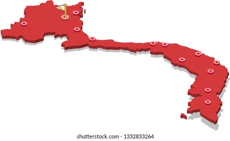 3d isometric volume view map of Vietnam with red surface and cities, capital. Isolated, white background