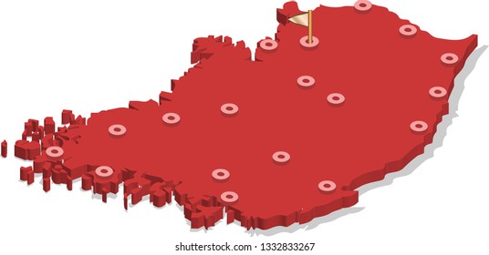 3d isometric volume view map of South Korea with red surface and cities, capital. Isolated, white background
