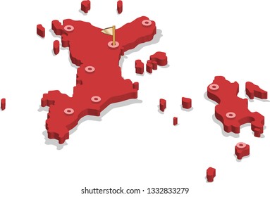 3d isometric volume view map of Seychelles with red surface and cities, capital. Isolated, white background