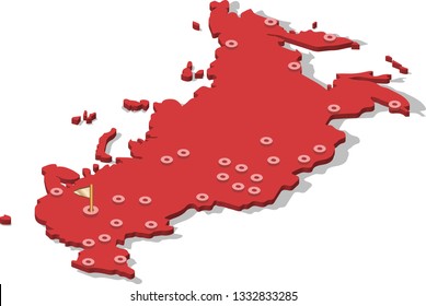 3d isometric volume view map of Russia   with red surface and cities, capital. Isolated, white background