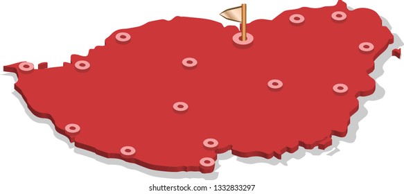 3d isometric volume view map of Mauritius with red surface and cities, capital. Isolated, white background