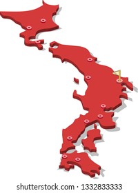 3d isometric volume view map of Japan with red surface and cities, capital. Isolated, white background