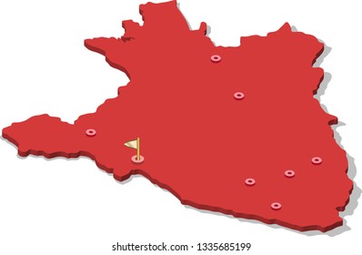 3d isometric volume view map of Burundi with red surface and cities, capital. Isolated, white background