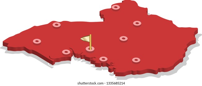 3d isometric volume view map of Uganda with red surface and cities, capital. Isolated, white background