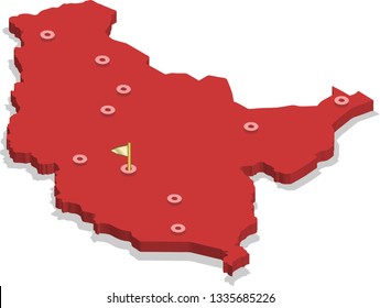 3d isometric volume view map of South Sudan with red surface and cities, capital. Isolated, white background
