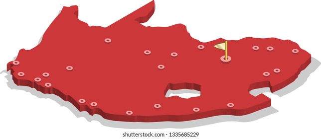 3d isometric volume view map of South Africa with red surface and cities, capital. Isolated, white background