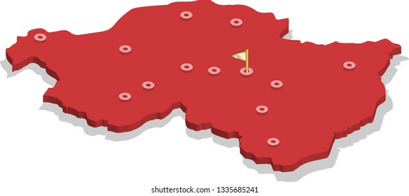 3d isometric volume view map of Rwanda with red surface and cities, capital. Isolated, white background