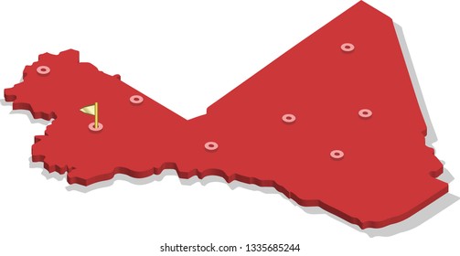 3d isometric volume view map of Mali with red surface and cities, capital. Isolated, white background