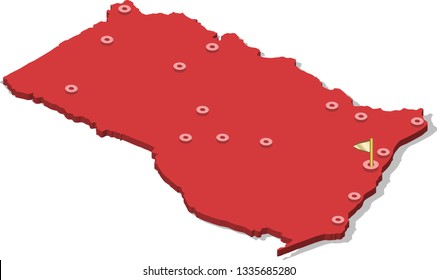 3d isometric volume view map of Ghana with red surface and cities, capital. Isolated, white background