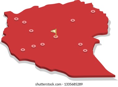 3d isometric volume view map of Ethiopia with red surface and cities, capital. Isolated, white background