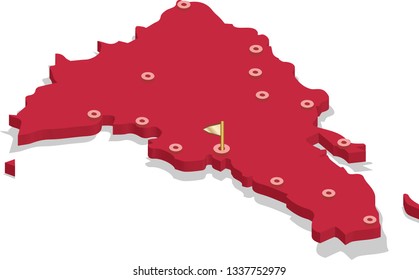 3d isometric volume view map of Dominican Republic with red surface and cities, capital. Isolated, white background