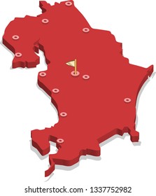 3d isometric volume view map of Costa Rica with red surface and cities, capital. Isolated, white background