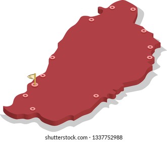 3d isometric volume view map of Dominica with red surface and cities, capital. Isolated, white background