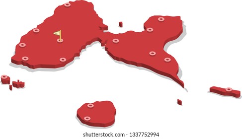 3d isometric volume view map of Guadeloupe with red surface and cities, capital. Isolated, white background