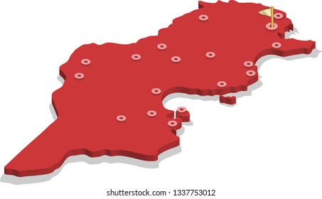 3d isometric volume view map of Tunisia with red surface and cities, capital. Isolated, white background svg