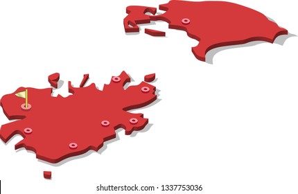 3d isometric volume view map of Antigua and Barbuda with red surface and cities, capital. Isolated, white background