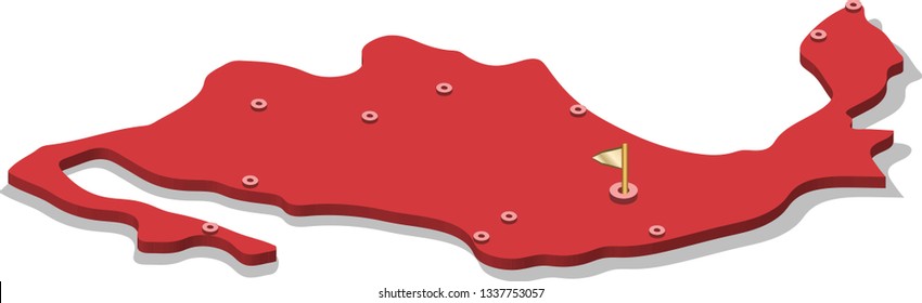3d isometric volume view map of Mexico with red surface and cities, capital. Isolated, white background
