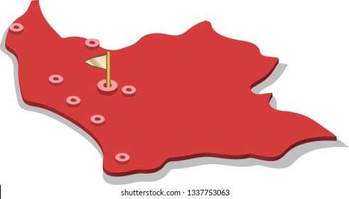 3d isometric volume view map of Colombia with red surface and cities, capital. Isolated, white background