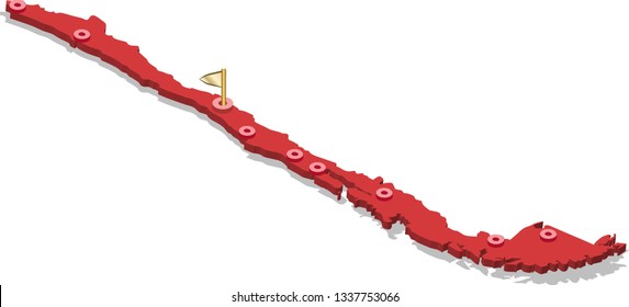 3d isometric volume view map of Chile with red surface and cities, capital. Isolated, white background