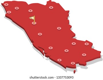 3d isometric volume view map of Salvador with red surface and cities, capital. Isolated, white background