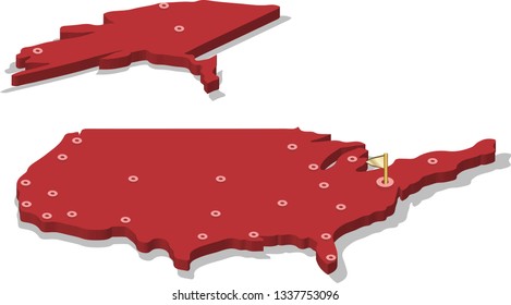 3d isometric volume view map of USA with red surface and cities, capital. Isolated, white background