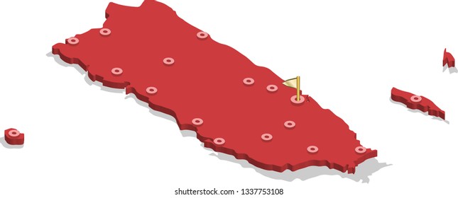 3d isometric volume view map of Puerto Rico with red surface and cities, capital. Isolated, white background