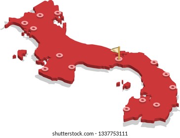 3d isometric volume view map of Panama with red surface and cities, capital. Isolated, white background