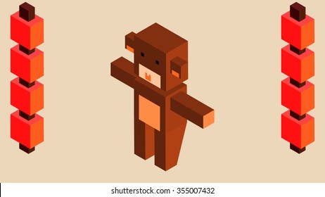 3D isometric voxel pixel art comic drawing style Zodiac monkey mascot cartoon character. 2016 Chinese New Year holidays greeting card design. Traditional Spring Festival decorative red lantern object.