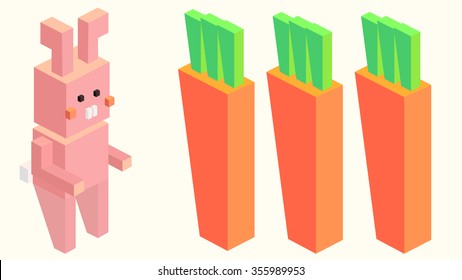 3D isometric voxel pixel art comic drawing style pink rabbit, bunny animal cartoon character. Three big carrots vegetable food icon object.