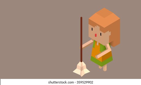 3D isometric voxel pixel low poly art female woman housewife cartoon character with floor mop. Isolated domestic implement tool equipment object.