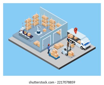 3D concepto de logística de almacén isométrico con trabajadores cargando productos en los camiones, servicio de operación de transporte, exportación, importación, carretillas elevadoras, palets, cajas de cartón. Ilustración del vector EPS 10