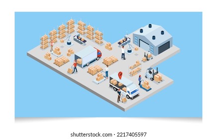 3D concepto de logística de almacén isométrico con trabajadores cargando productos en los camiones, servicio de operación de transporte, exportación, importación, carretillas elevadoras, palets, cajas de cartón. Ilustración del vector EPS 10