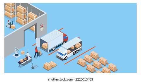 3D concepto de logística de almacén isométrico con trabajadores cargando productos en los camiones, servicio de operación de transporte, exportación, importación, carretillas elevadoras, palets, cajas de cartón. Ilustración del vector EPS 10